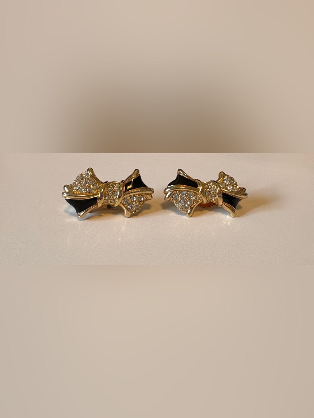 Vintage Swarovski Black Enamel Crystal Bow Clip-On Earrings Gold Tone